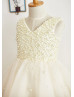 V Neck Pearls Beaded Champagne Tulle Dreamy Flower Girl Dress